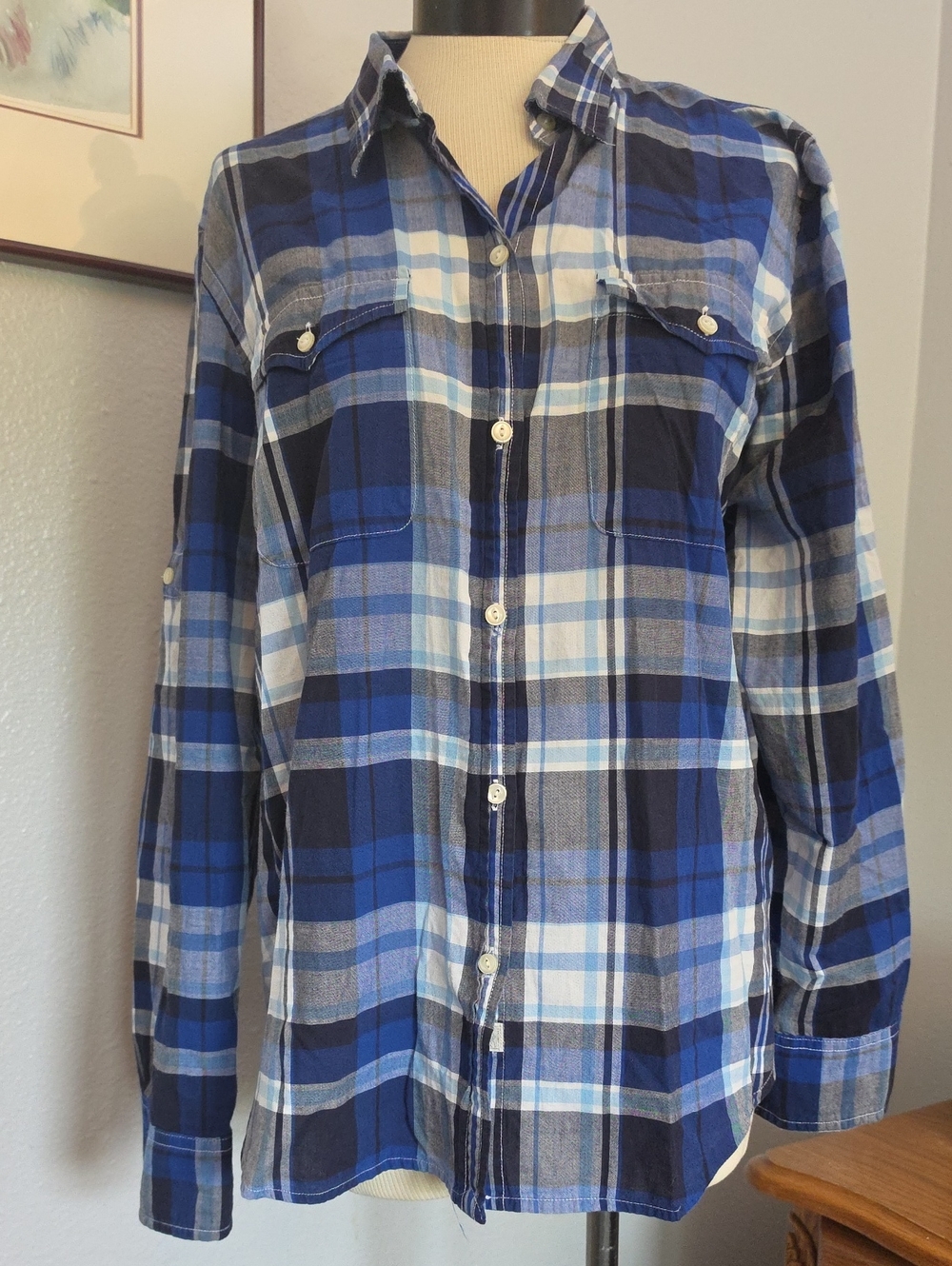 Lauren Ralph Lauren Blue Plaid Button Front Blouse Top XL Ranch Wear Western